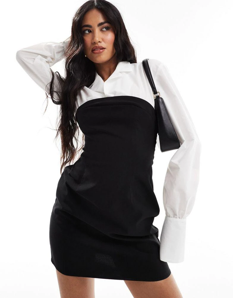 ASOS ASOS DESIGN 2 in 1 bengaline bandeau mini dress with contrast undershirt in mono 2