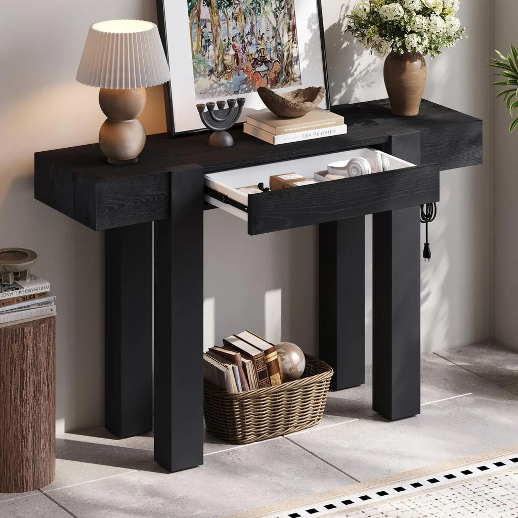 Streamdale Furniture Streamdale Rustic Minimalist Console Table with Hidden Drawer 
Power Outlet (Black)