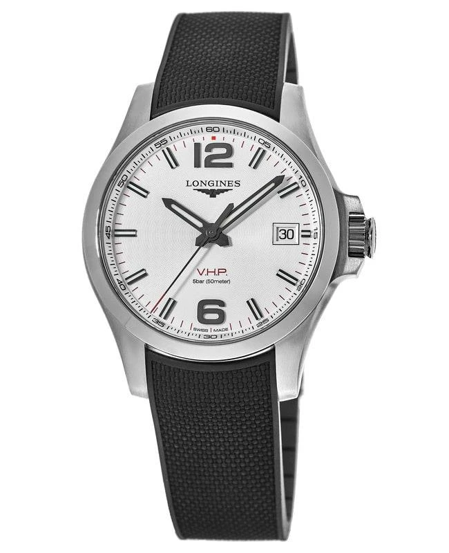 Longines Longines Conquest V.H.P. 41mm Silver Dial Black Rubber Strap Men's Watch L3.716.4.76.9 1