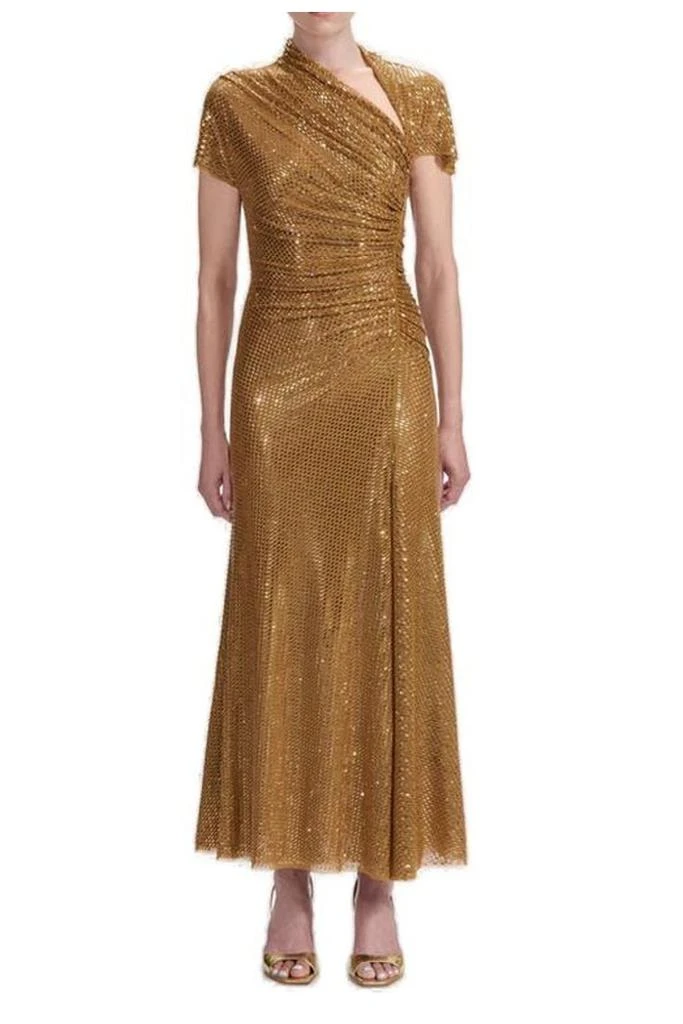 green emerald velvet dress Gold Metallic Tie Neck Midi Dress – self-portrait-US main image 1