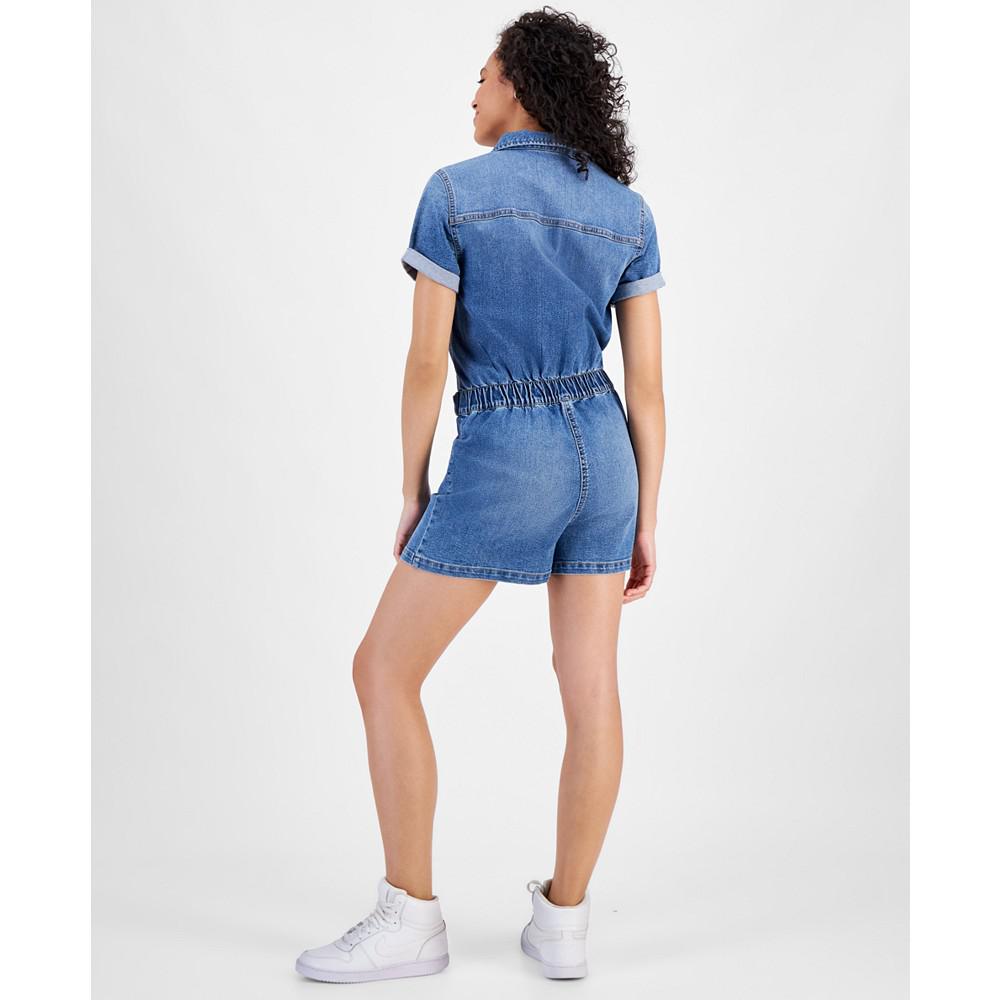 Celebrity Pink Women's Cinched-Waist Rolled-Sleeve Denim Romper