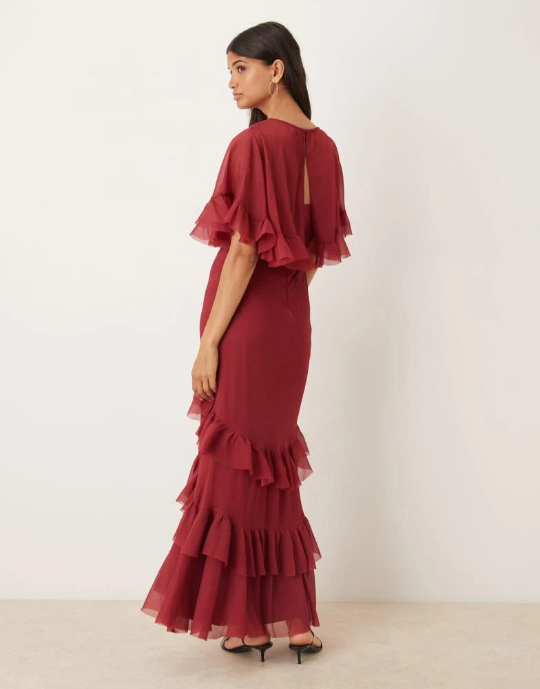 ASOS Design cape overlay ruffle bias maxi dress in burgundy-Red