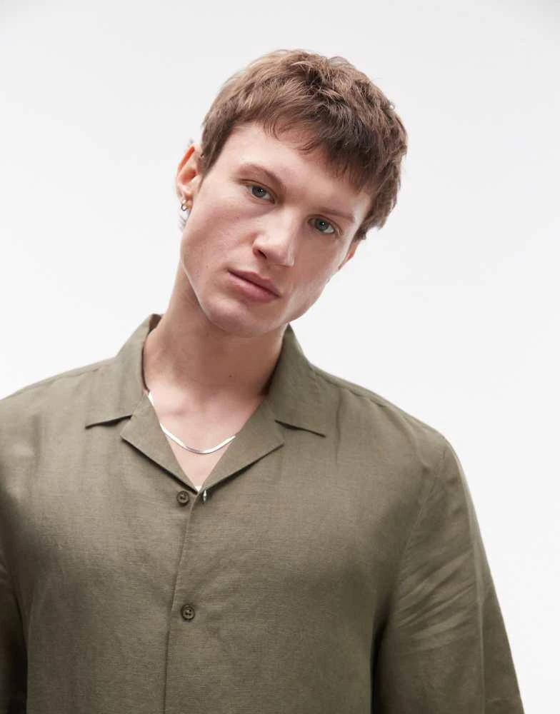 Topman Topman regular fit short sleeve linen blend shirt in khaki 2