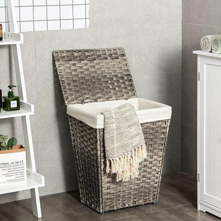 QuikFurn Foldable Handwoven PE Wicker Rattan Laundry Basket Clothes Hamper with Liner