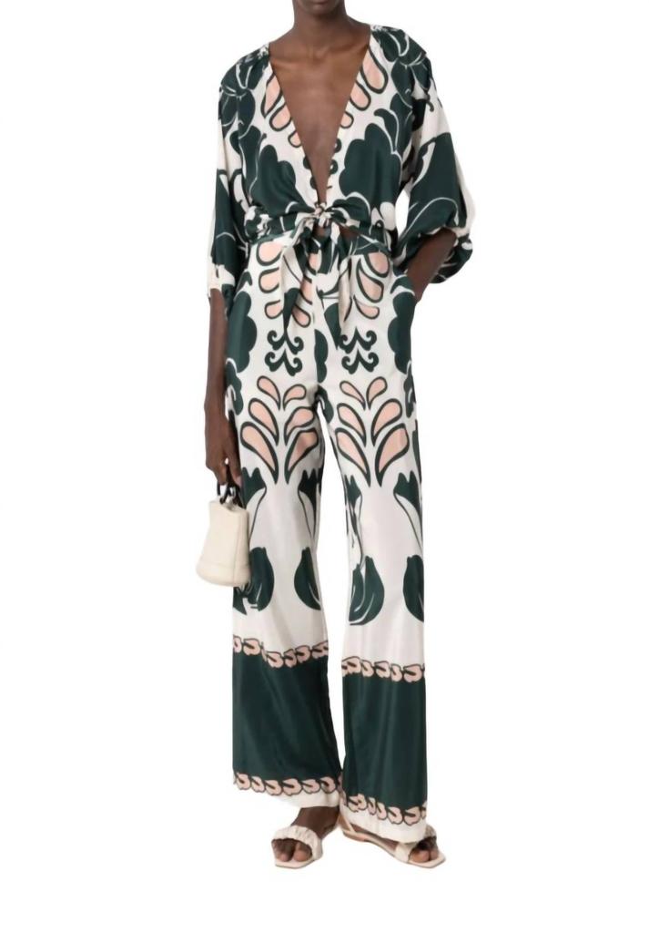 Adriana Degreas Spray Of Flower Wide-Leg Pant In Dark Green