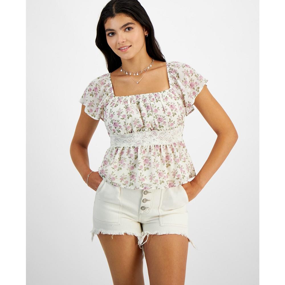 Celebrity Pink Juniors' Lace-Trim Flutter-Sleeve Top