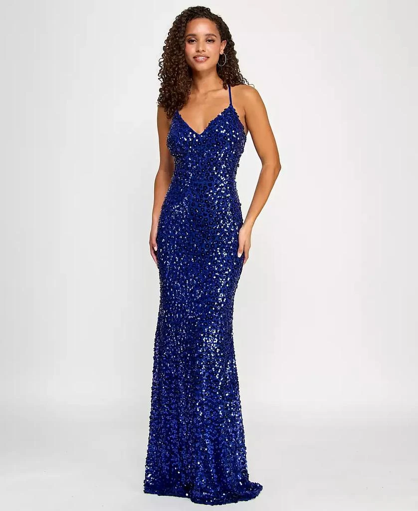 Crystal Doll Juniors' Floral Sequin V-Neck Sleeveless Gown 1