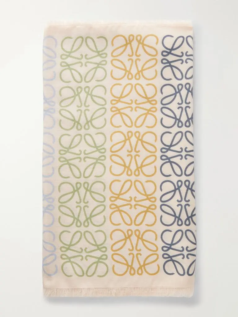 Loewe Fringed Printed Wool, Silk And Cashmere-blend Scarf