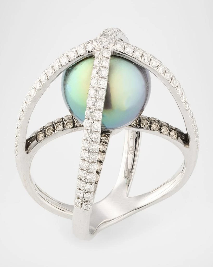 BELPEARL 18K White Gold Tahitian Pearl and Diamond Ring, Size 7 3