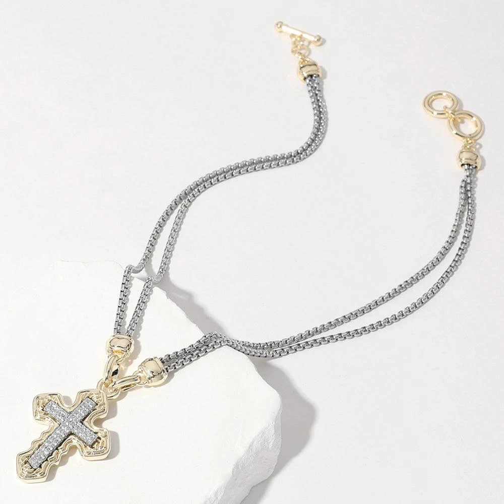 FASHNZFAB 14K Gold Plated CZ Stone Paved Cross Pendant Double Chain Necklace 3