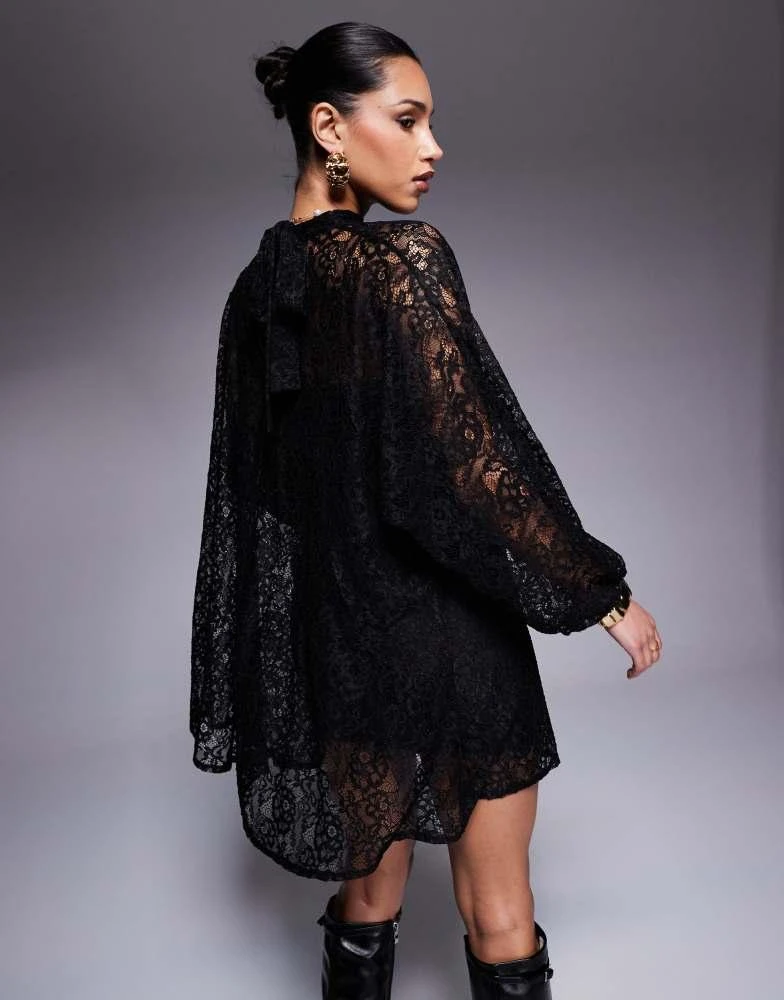 Shop ASOS DESIGN twist neck tie blouson sleeve mini lace dress in black on  Sale at BeyondStyle  Get 11% Off ASOS DESIGN twist neck tie blouson sleeve  mini lace dress in