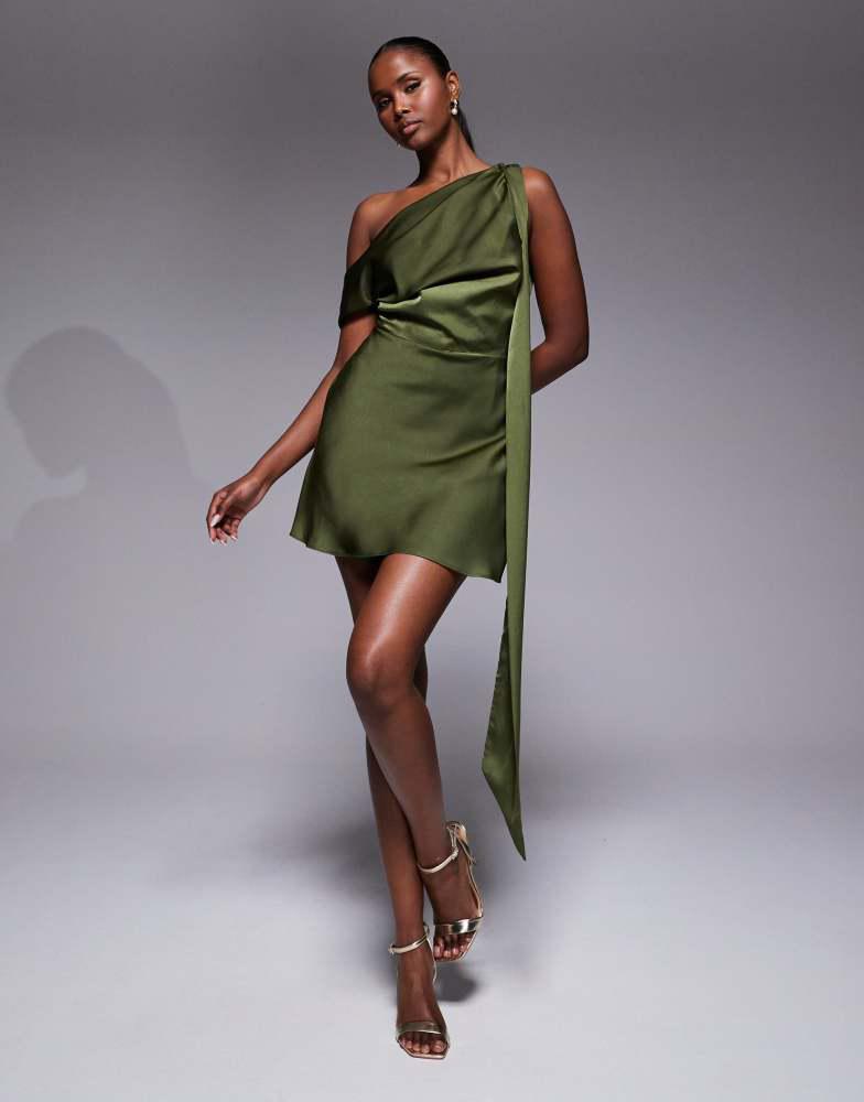 ASOS ASOS DESIGN satin scarf detail fallen shoulder playsuit in khaki