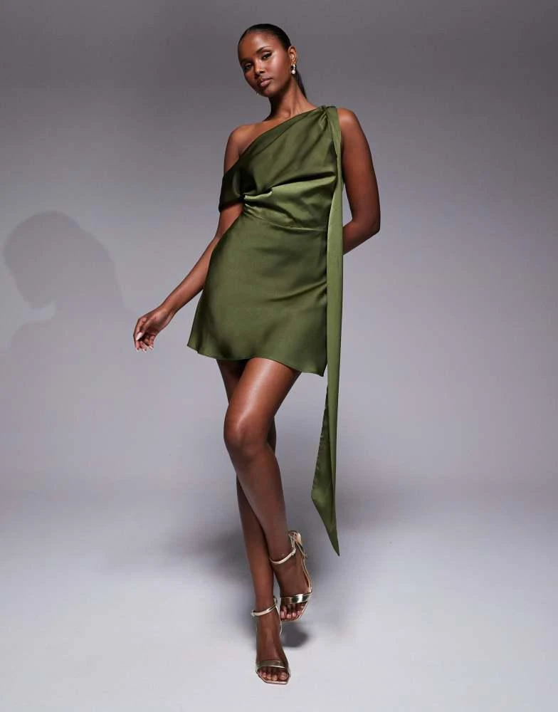 ASOS ASOS DESIGN satin scarf detail fallen shoulder playsuit in khaki 1