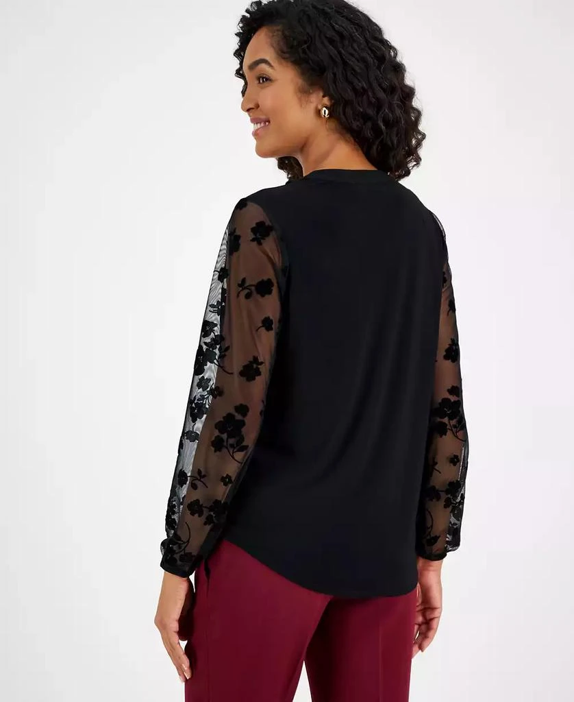 Kasper Petite Floral Contrast-Sleeve Split-Neck Blouse 2
