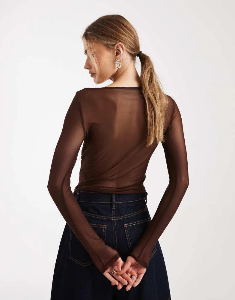 ASOS ASOS DESIGN mesh drape long sleeve top in chocolate 4
