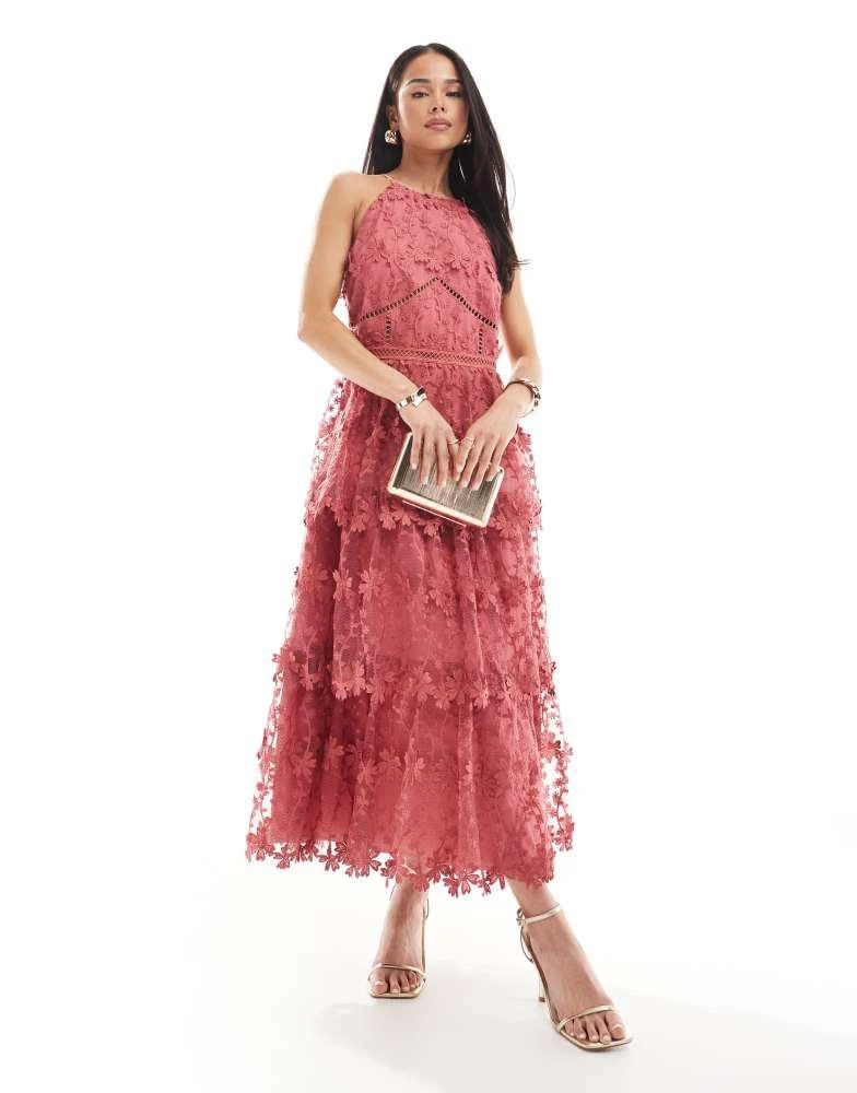 Shop Maya Halter neck floral tiered midi dress in pink on Sale at