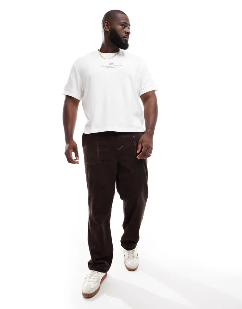 ASOS ASOS DESIGN straight leg cord trousers with contrast stitch in brown 2