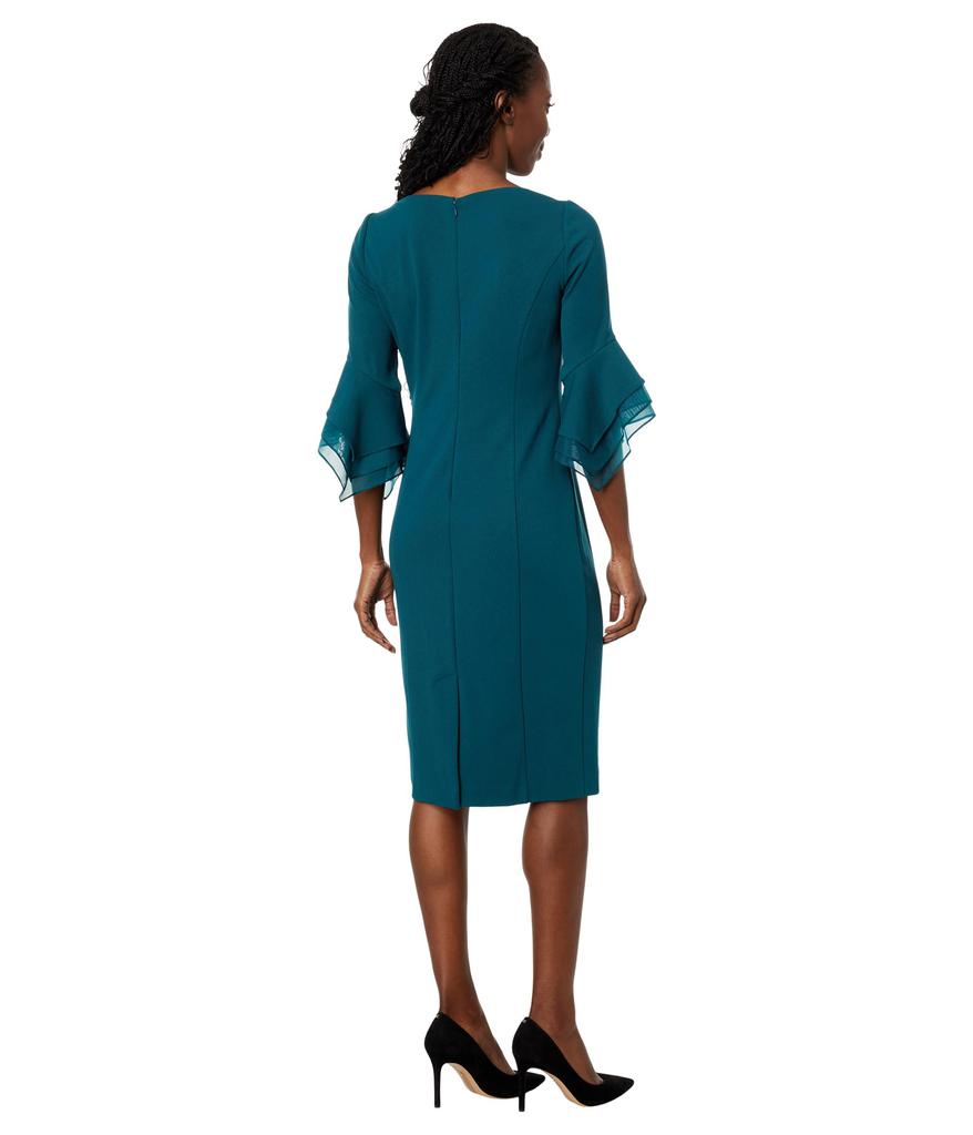 Adrianna Papell Stretch Knit Crepe Sheath Dress with Tiered Organza Bell Sleeve