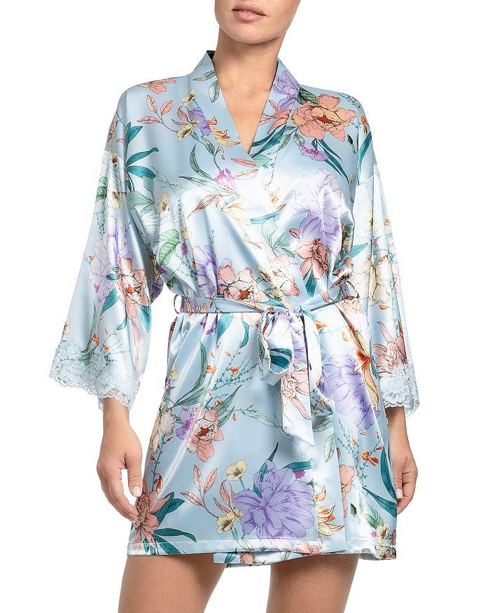 In Bloom Stretch Satin Sky Blue Floral   Wrap Robe
