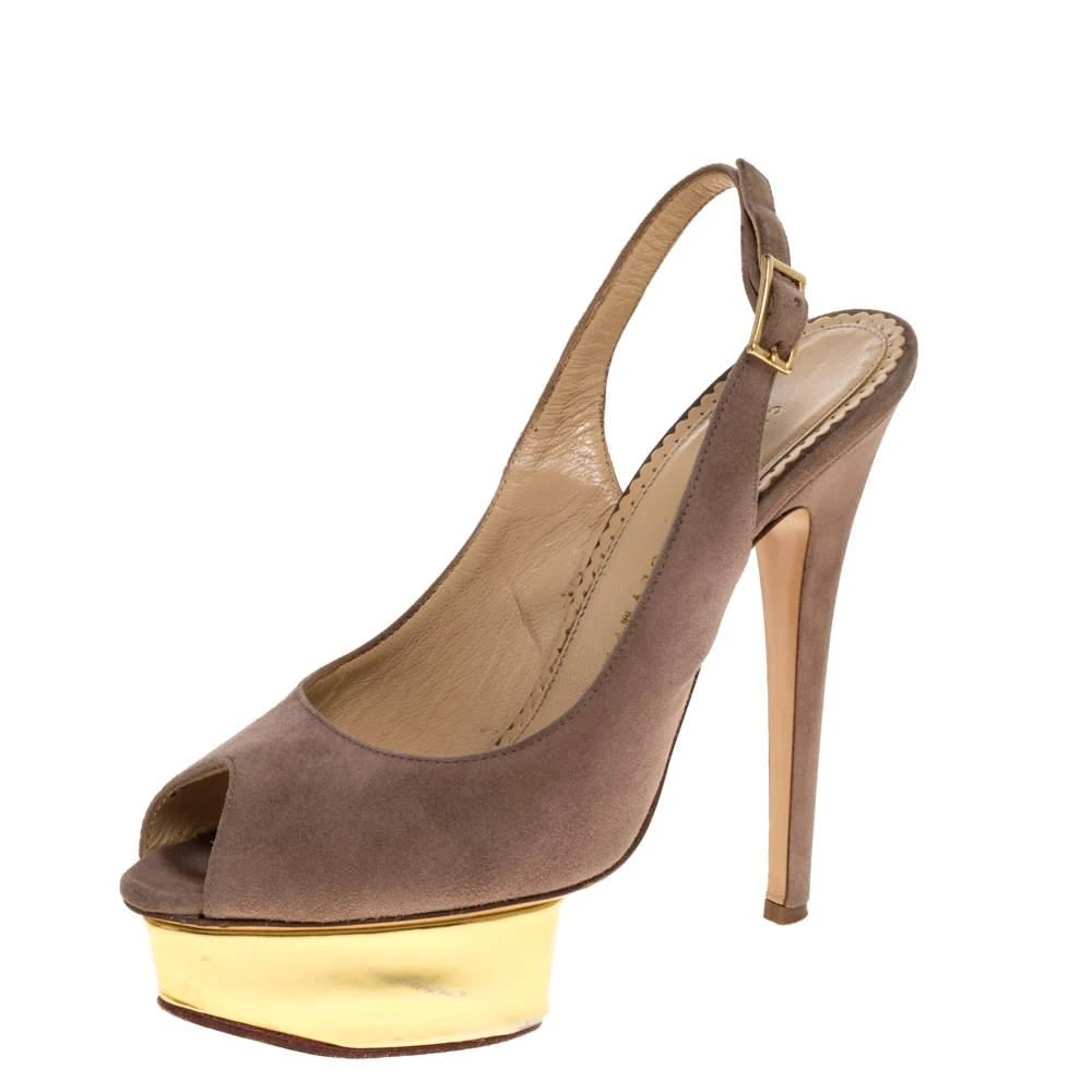 Charlotte Olympia Charlotte Olympia Beige Suede Slingback Peep Toe Platform Sandals Size 37.5 1