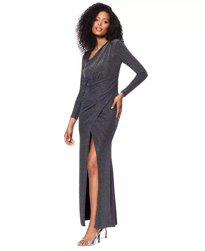 Betsy & Adam Women's Metallic Asymmetric Long-Sleeve Gown 2