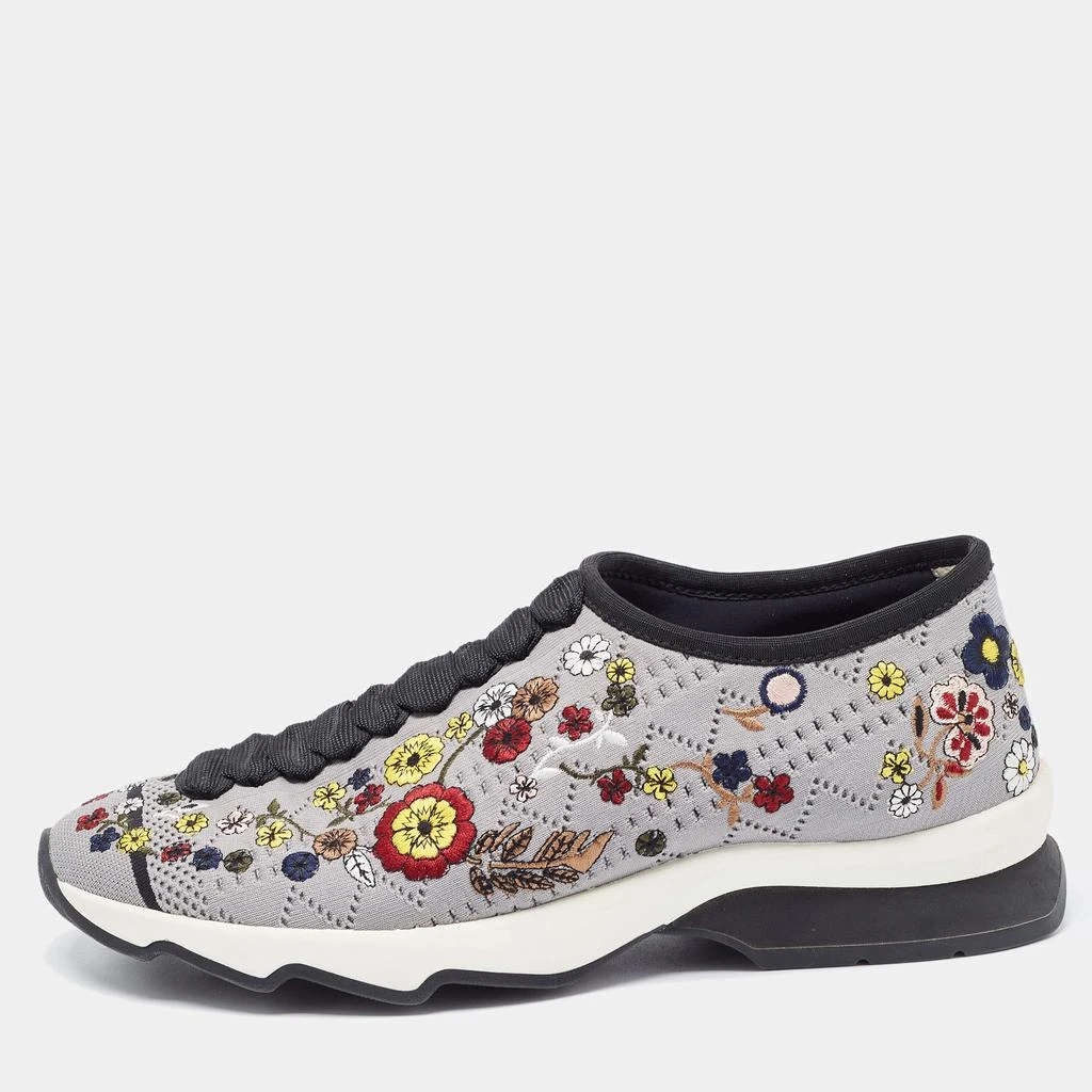 Fendi Fendi Grey Floral Embroidered Knit Fabric Slip On Sneakers Size 38 1
