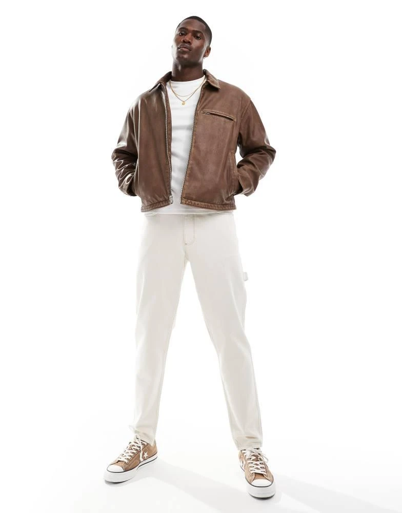 Abercrombie & Fitch Abercrombie & Fitch cropped zip front washed faux leather biker jacket in tan 2