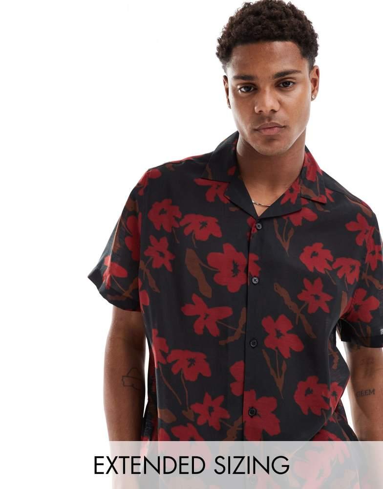ASOS ASOS DESIGN relaxed revere shirt with floral print in black and red