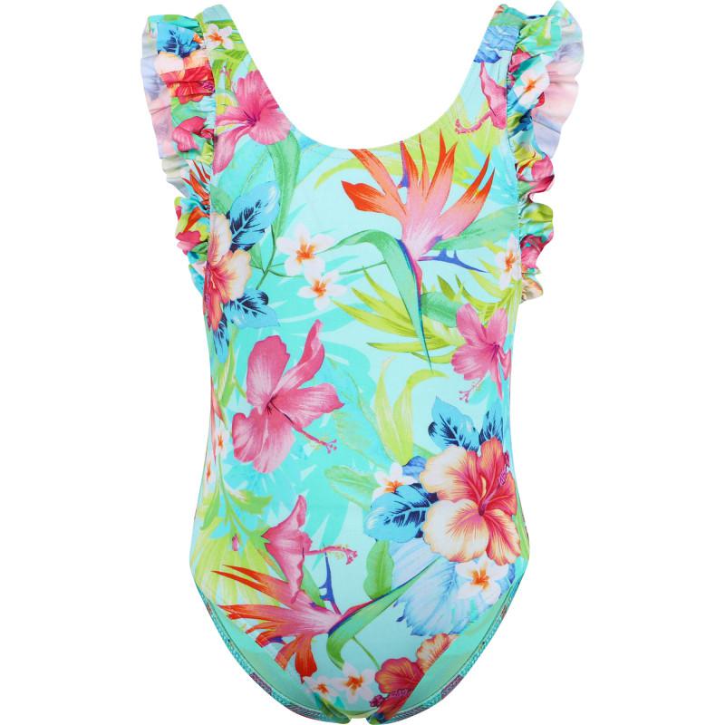 BANANA MOON Tropical flowers ruffled one piece swimsuit in turquoise