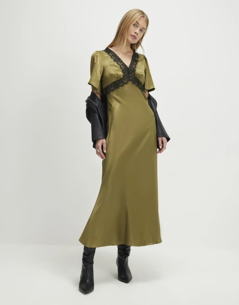 River Island River Island V neck lace slip dress in khaki 2