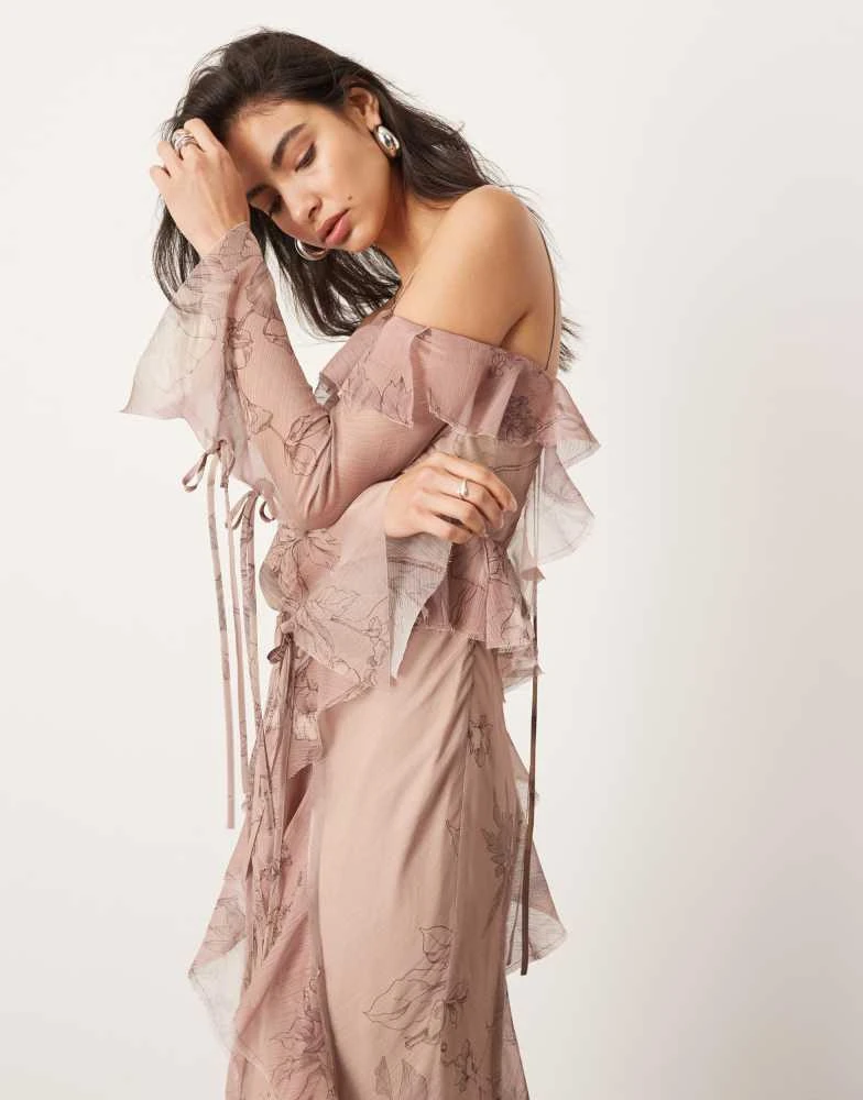 ASOS ASOS EDITION chiffon halter cold shoulder raw edge ruffle maxi dress in blush floral print 3