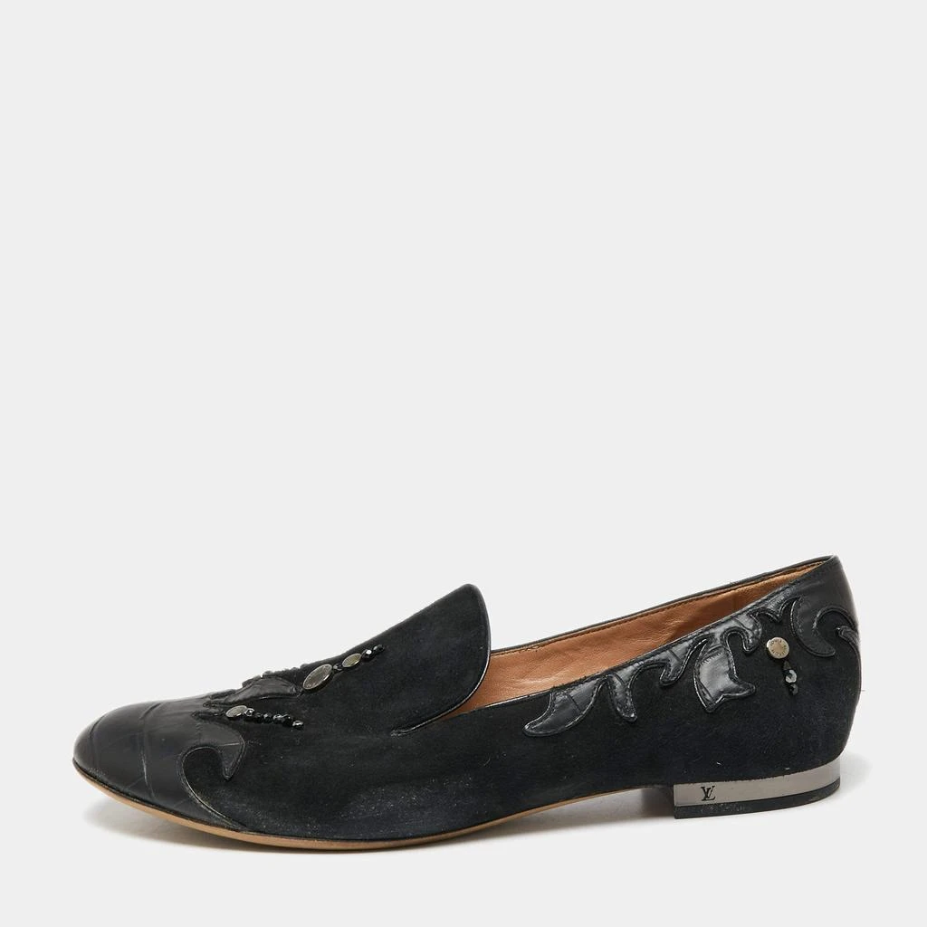 Louis Vuitton Louis Vuitton Black Beaded Suede And Crocodile Cap Toe Smoking Slippers Size 38 1
