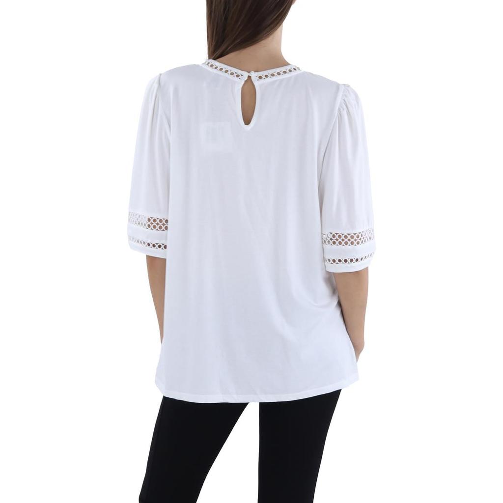 Anne Klein Harmony Womens Lace Inset Elbow Sleeve Pullover Top