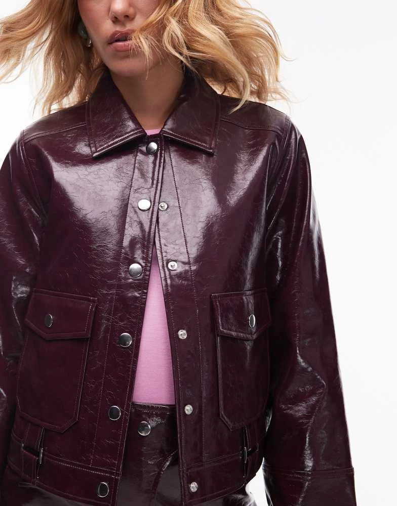 Laagam LAAGAM bruna short faux leather jacket with silver metallic buttons in plum co-ord 3