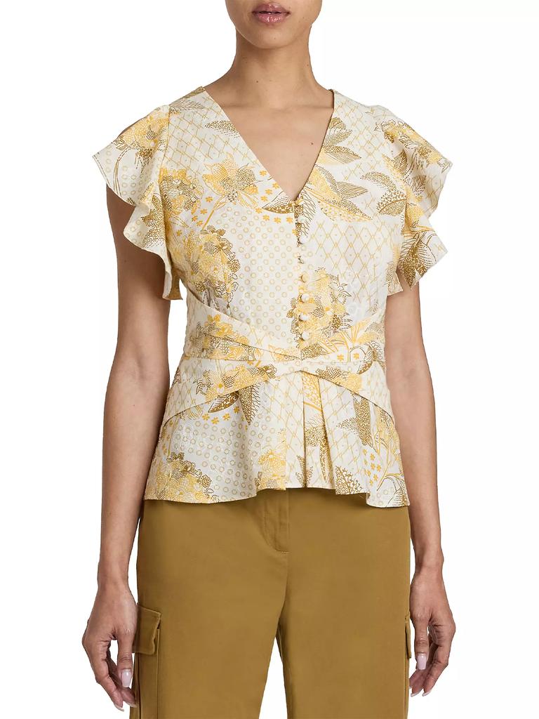 Santorelli Floral Cotton Short-Sleeve Blouse