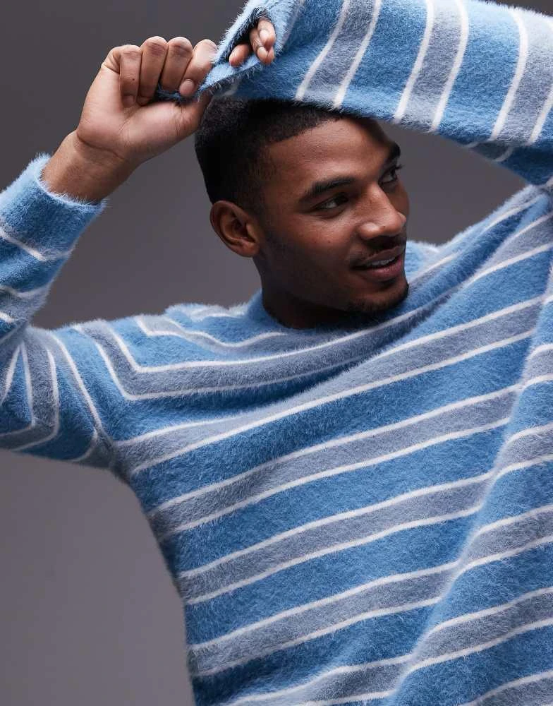 Topman Topman relaxed fit brushed jumper in blue and white stripe 1