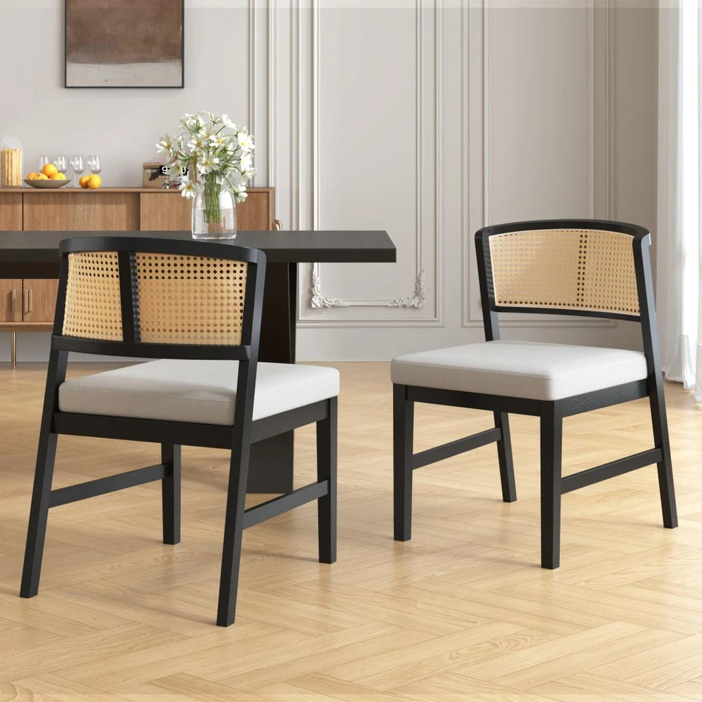 Streamdale Furniture Streamdale Rattan Dining Chairs Set of 2, Fabric Upholstered Kitchen Side Chair, Black