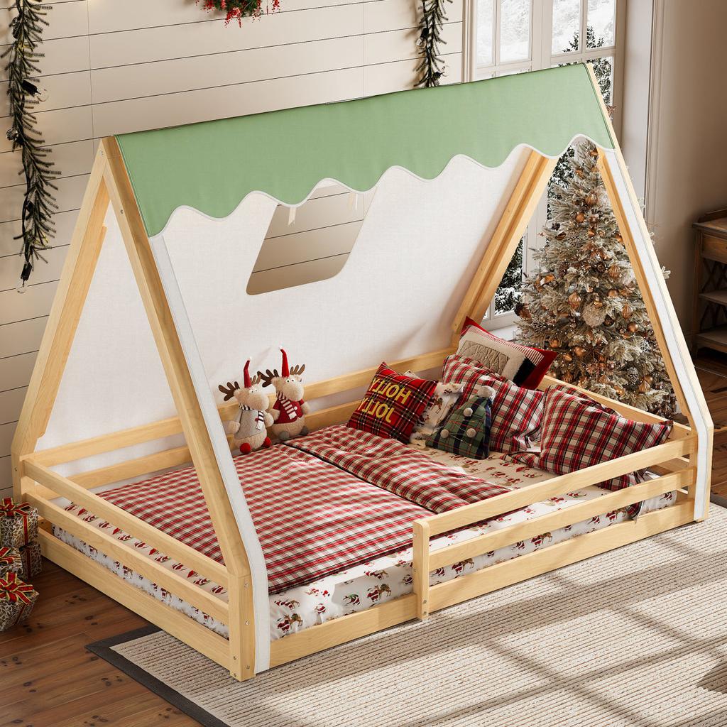 Streamdale Furniture Streamdale Full Size House Floor Bed with Tent and Light, Solid Wood Teepee Design