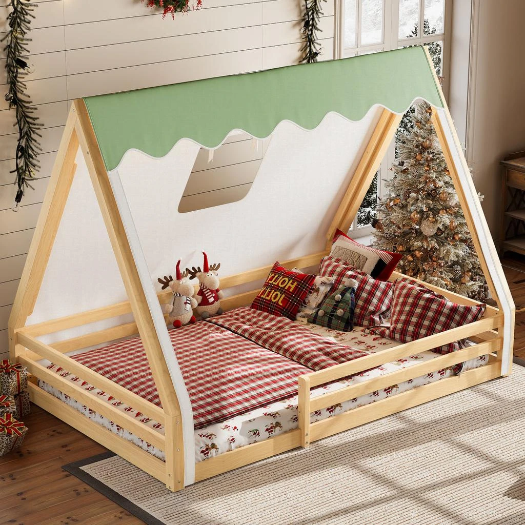 Streamdale Furniture Streamdale Full Size House Floor Bed with Tent and Light, Solid Wood Teepee Design 2