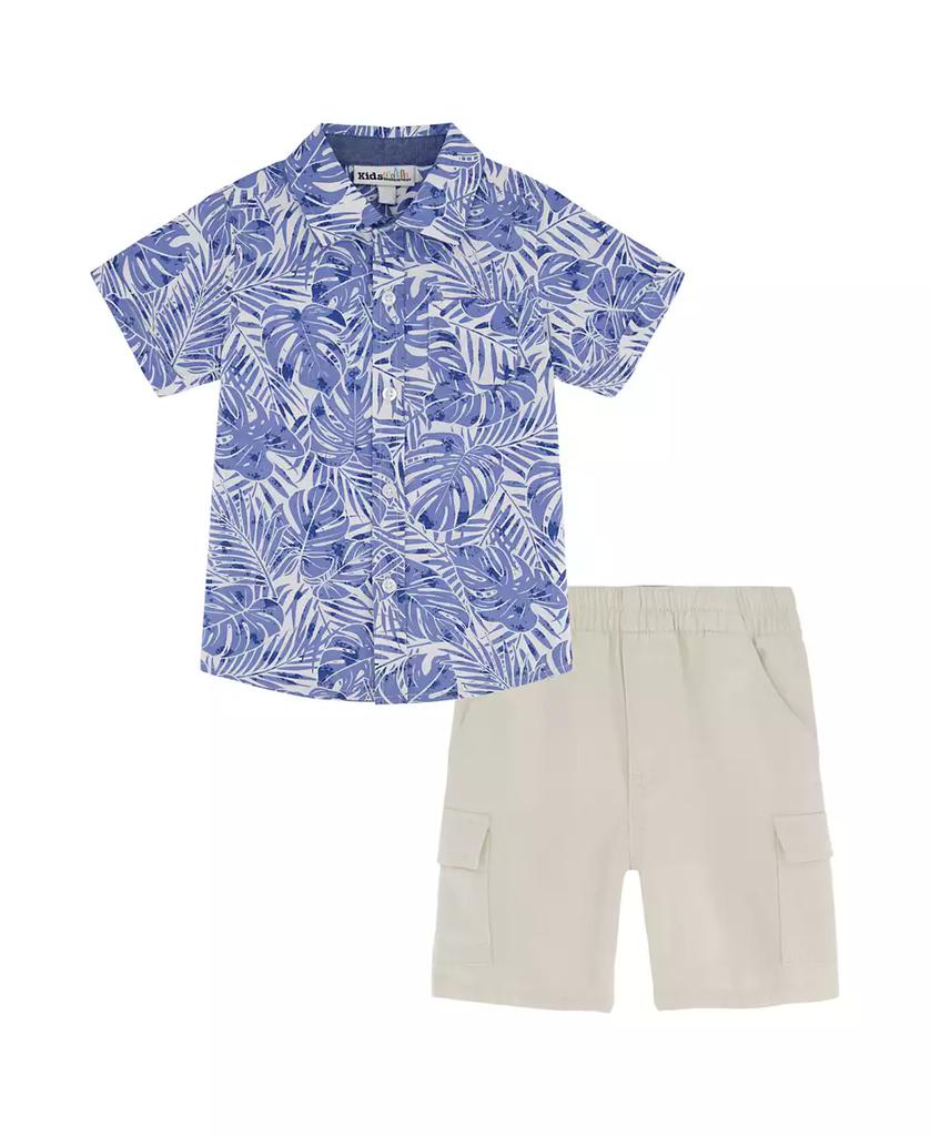 KIDS HEADQUARTERS Baby Boys 2-Piece Short Sleeve Palm Print Poplin Shirt and Twill Cargo Shorts Set