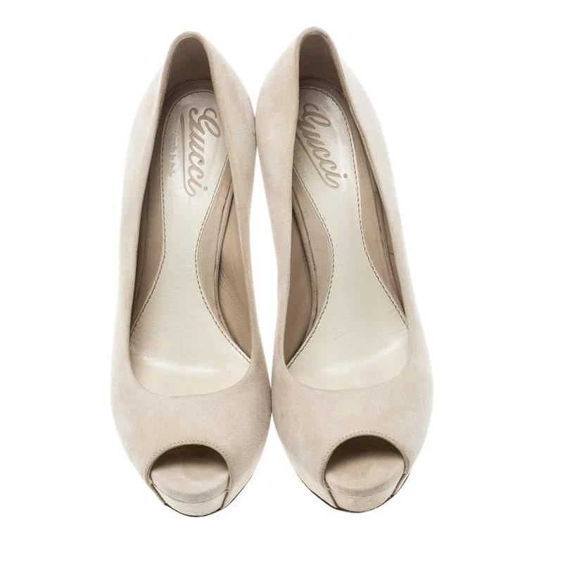 Gucci Gucci Beige Suede Sofia Peep Toe Platform Pumps Size 37 3