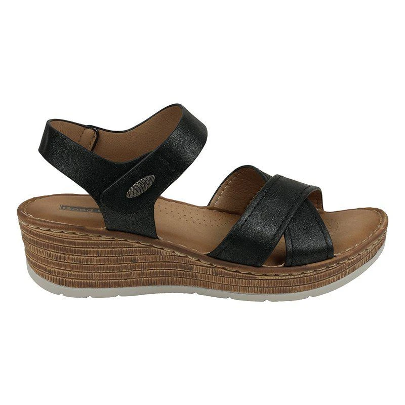 GC SHOES Vienna Black Cross Strap Velcro Slingback Wedge Sandals 1