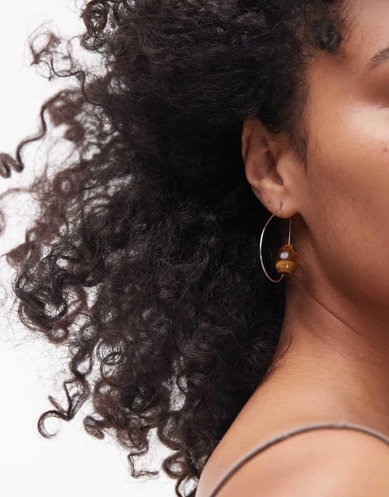 Topshop Topshop Priya teardrop hoop with semi precious stone in silver and brown 2