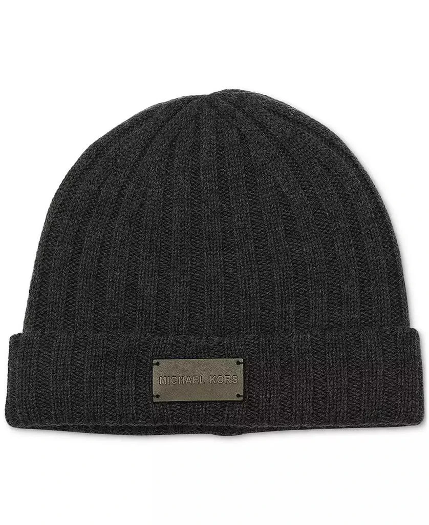 Michael Kors Men's Leather Patch Ribbed Beanie 1