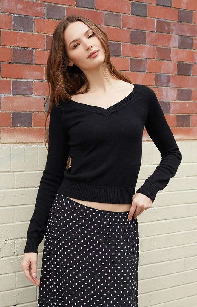 John Galt Black Off-The-Shoulder V-Neck Sweater 1