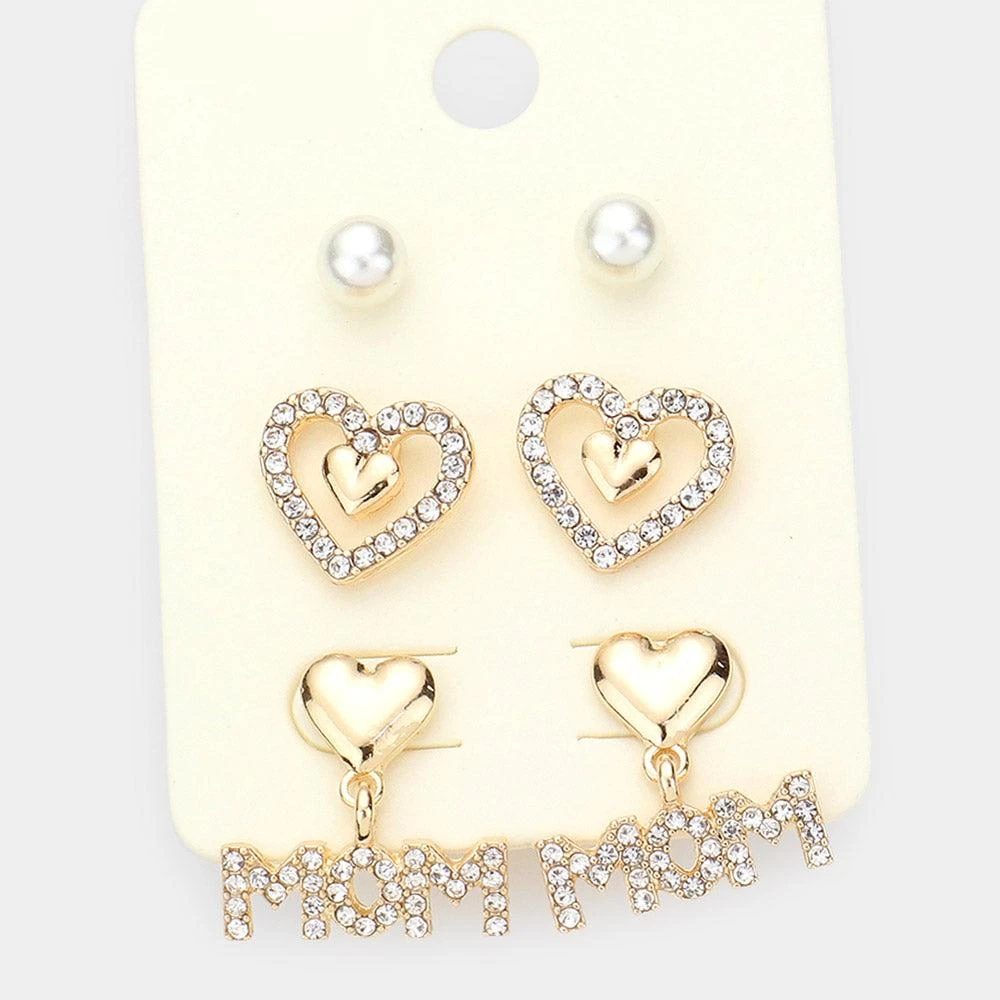 FASHNZFAB 3Pairs - Pearl Rhinestone Embellished Heart MOM Earrings