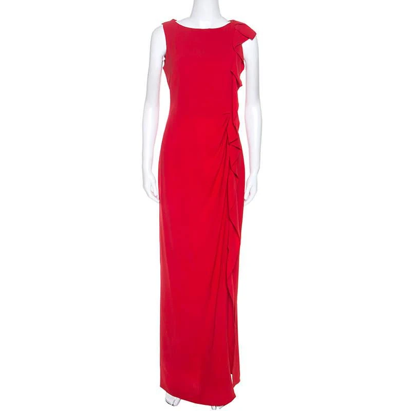 CH Carolina Herrera CH Carolina Herrera Red Crepe Ruffle Detail Sleeveless Maxi Dress S 1