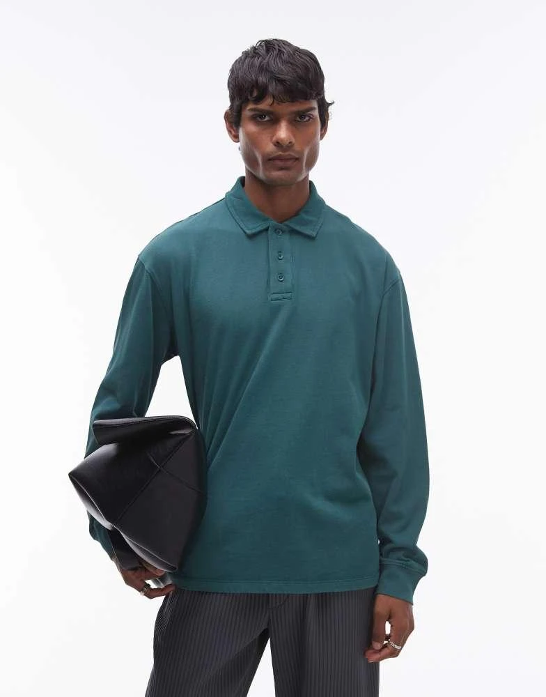 Topman Topman long sleeve polo in washed green 1