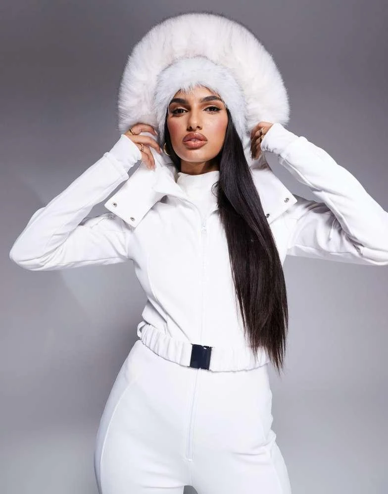 ASOS 4505 Ski belted ski suit with slim kick leg and faux fur hood in white 5