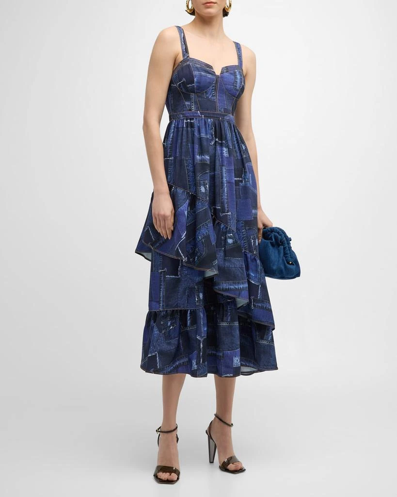 Cinq a Sept Jordyn Patchwork Denim Tiered Ruffle Bustier Midi Dress 4